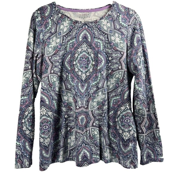 Talbots Women's Top Size Medium Petite MP Blue Paisley Long Sleeve Pullover - Picture 1 of 8